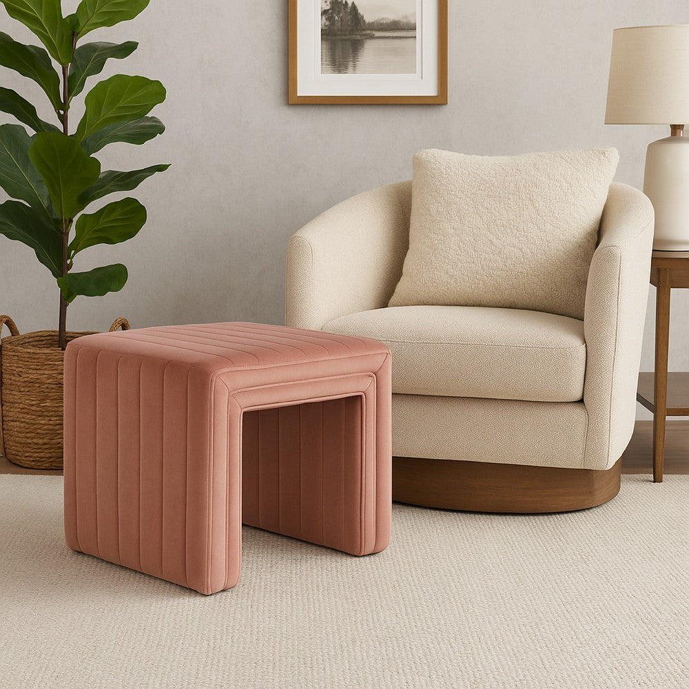Ada Footstool Ottoman with Channel Tufted Blush Pink Velvet, 19 Inch -BM334152