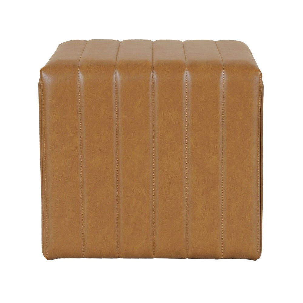 Ada Footstool Ottoman, Channel Tuft Caramel Brown Faux Leather 19 Inch -BM334153
