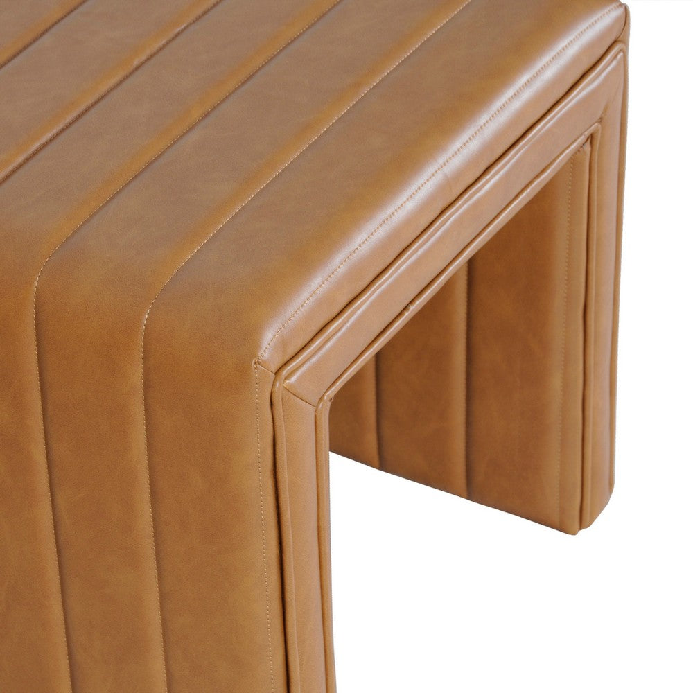 Ada Footstool Ottoman, Channel Tuft Caramel Brown Faux Leather 19 Inch -BM334153