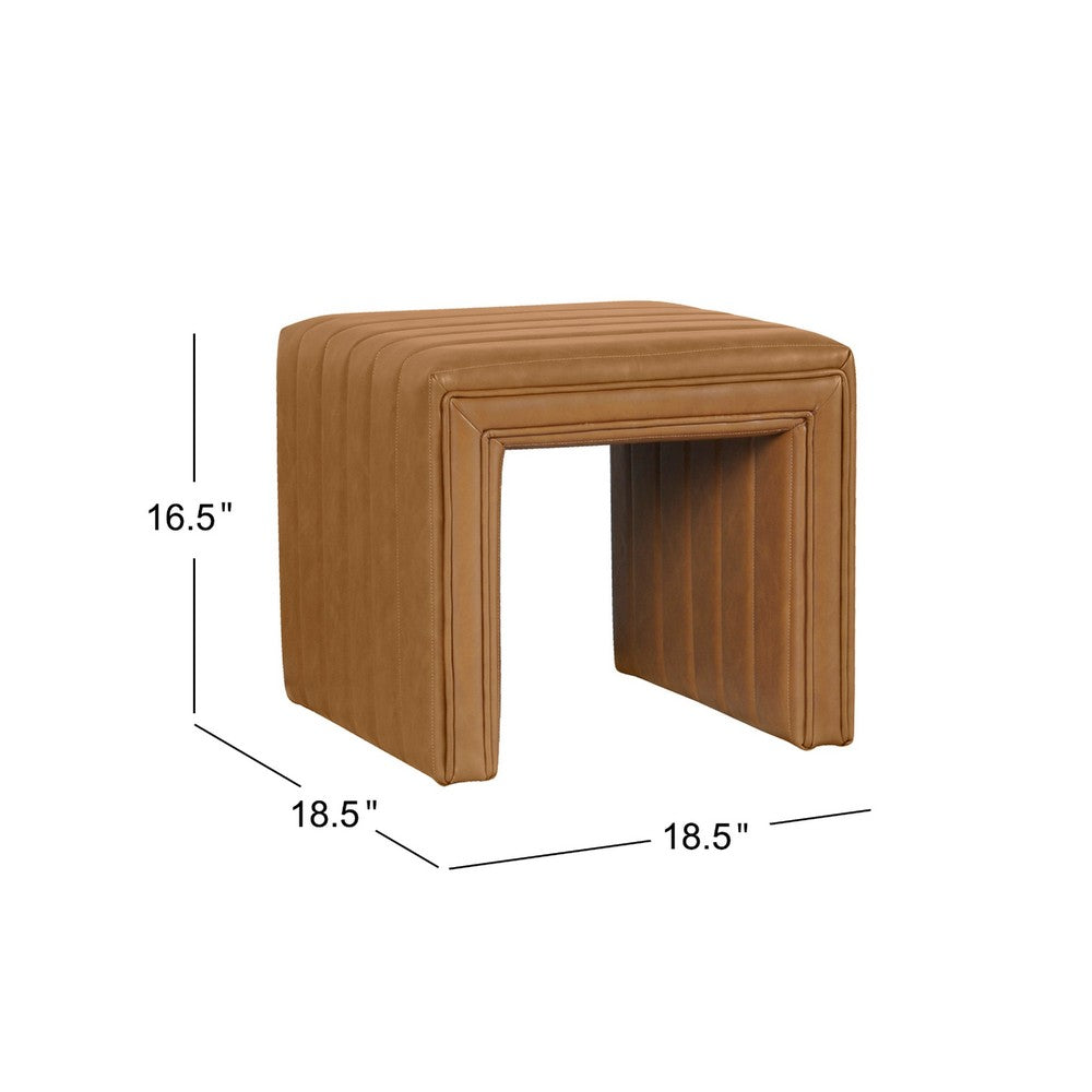 Ada Footstool Ottoman, Channel Tuft Caramel Brown Faux Leather 19 Inch -BM334153