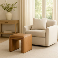 Ada Footstool Ottoman, Channel Tuft Caramel Brown Faux Leather 19 Inch -BM334153