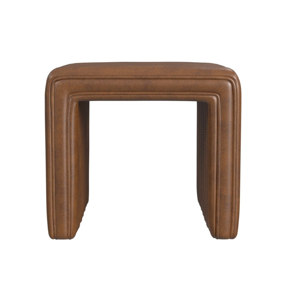 Ada Footstool Ottoman, Channel Tufted Brown Faux Leather, 19 Inch -BM334154