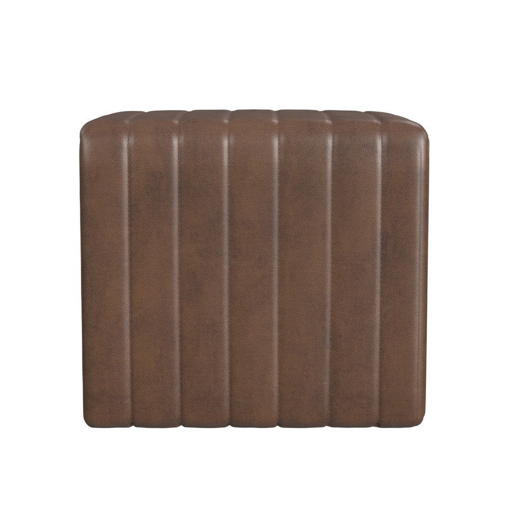 Ada Footstool Ottoman, Channel Tufted Brown Faux Leather, 19 Inch -BM334154
