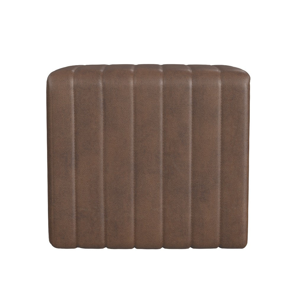 Ada Footstool Ottoman, Channel Tufted Brown Faux Leather, 19 Inch -BM334154