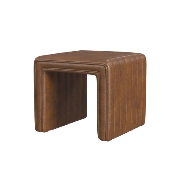 Ada Footstool Ottoman, Channel Tufted Brown Faux Leather, 19 Inch -BM334154