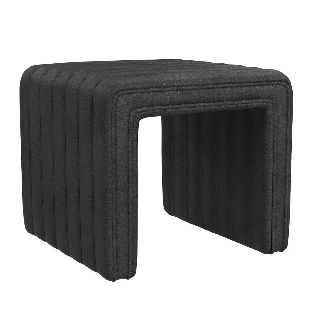 Ada Footstool Ottoman, Channel Tufted Black Faux Leather, 19 Inch -BM334155