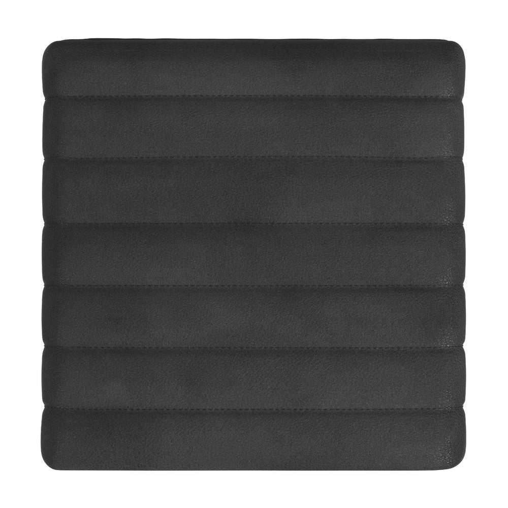 Ada Footstool Ottoman, Channel Tufted Black Faux Leather, 19 Inch -BM334155