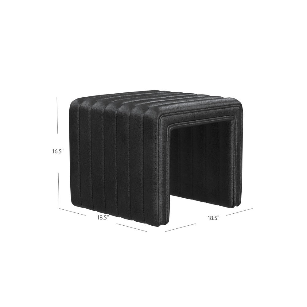 Ada Footstool Ottoman, Channel Tufted Black Faux Leather, 19 Inch -BM334155