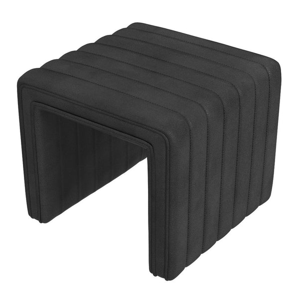 Ada Footstool Ottoman, Channel Tufted Black Faux Leather, 19 Inch -BM334155