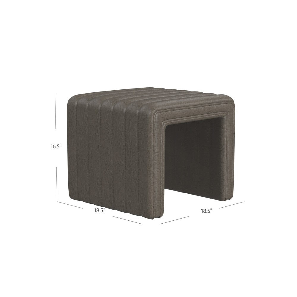Ada Footstool Ottoman, Channel Tufted Gray Faux Leather, 19 Inch -BM334156