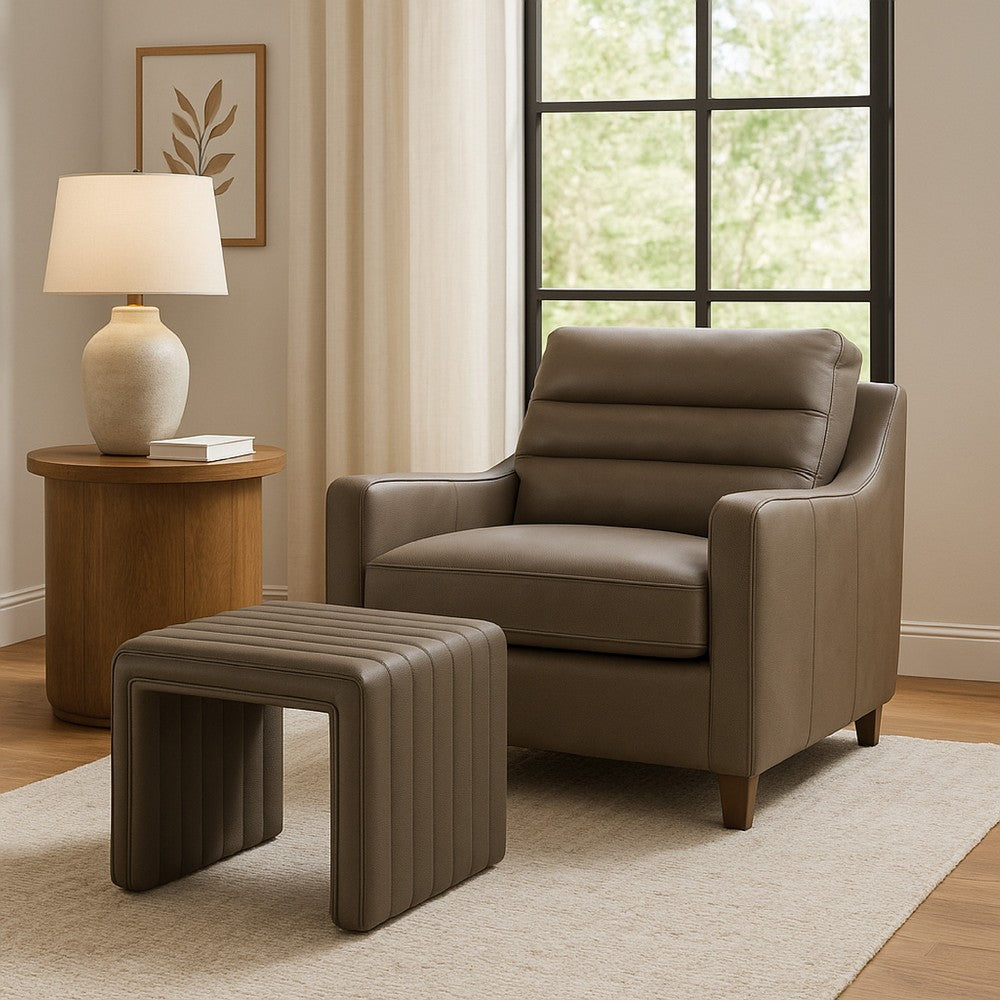 Ada Footstool Ottoman, Channel Tufted Gray Faux Leather, 19 Inch -BM334156