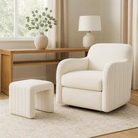 Ada Footstool Ottoman, Channel Tufted Cream White Boucle, 19 Inch -BM334157