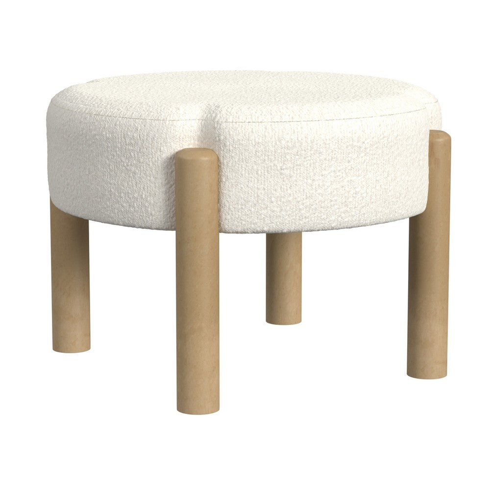 Eli 22 Inch Ottoman Footstool, Cream Boucle and Natural Brown Hardwood -BM334164