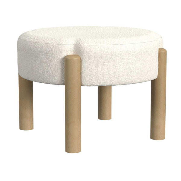 Eli 22 Inch Ottoman Footstool, Cream Boucle and Natural Brown Hardwood -BM334164