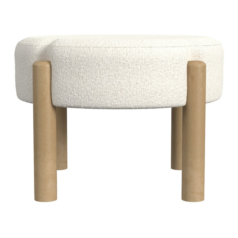 Eli 22 Inch Ottoman Footstool, Cream Boucle and Natural Brown Hardwood -BM334164