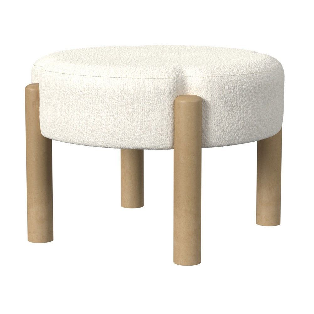 Eli 22 Inch Ottoman Footstool, Cream Boucle and Natural Brown Hardwood -BM334164