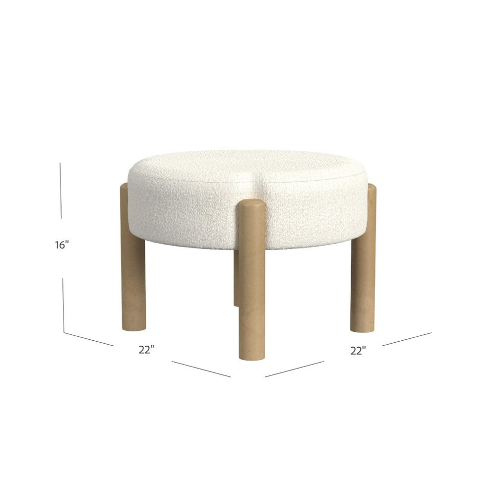 Eli 22 Inch Ottoman Footstool, Cream Boucle and Natural Brown Hardwood -BM334164
