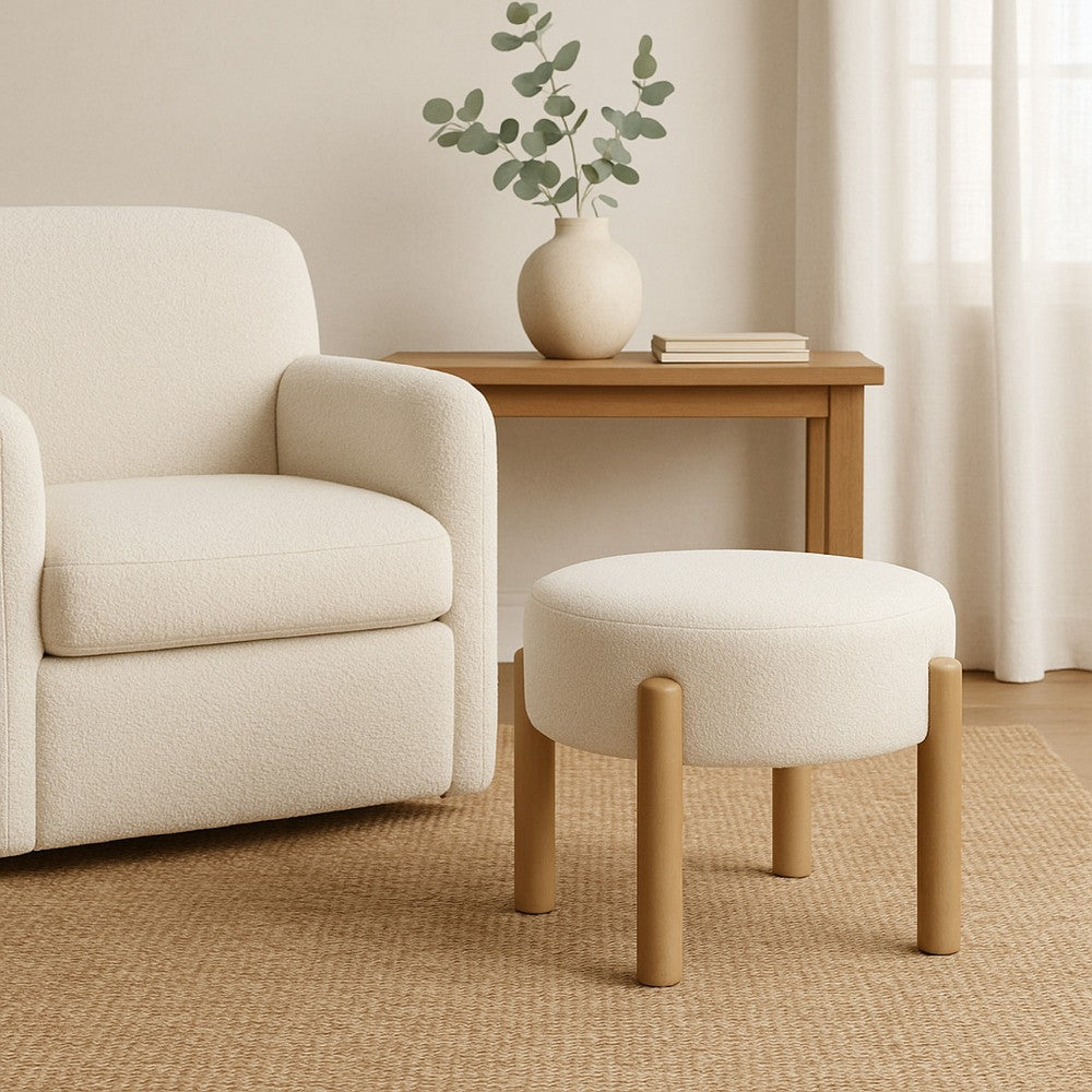 Eli 22 Inch Ottoman Footstool, Cream Boucle and Natural Brown Hardwood -BM334164