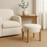 Eli 22 Inch Ottoman Footstool, Cream Boucle and Natural Brown Hardwood -BM334164
