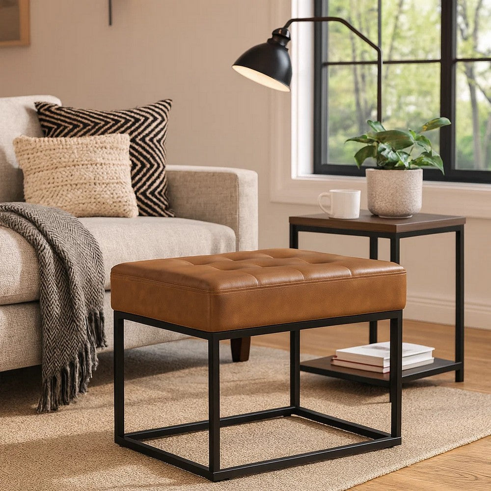 Kai Ottoman Footstool, Carmel Brown Faux Leather, Black Metal, 22 Inch -BM334167