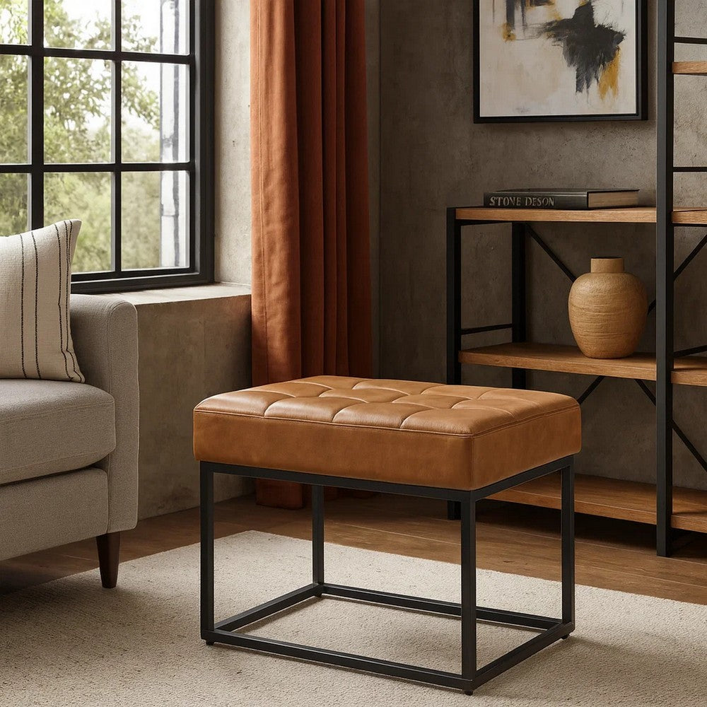 Kai Ottoman Footstool, Carmel Brown Faux Leather, Black Metal, 22 Inch -BM334167