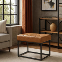 Kai Ottoman Footstool, Carmel Brown Faux Leather, Black Metal, 22 Inch -BM334167