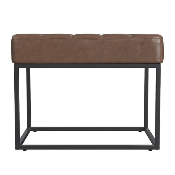 Kai Ottoman Footstool, Dark Brown Faux Leather, Black Metal, 22 Inch -BM334168