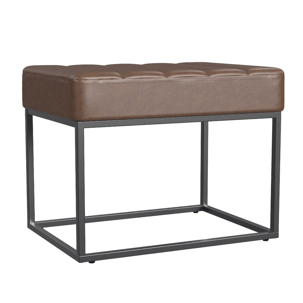 Kai Ottoman Footstool, Dark Brown Faux Leather, Black Metal, 22 Inch -BM334168