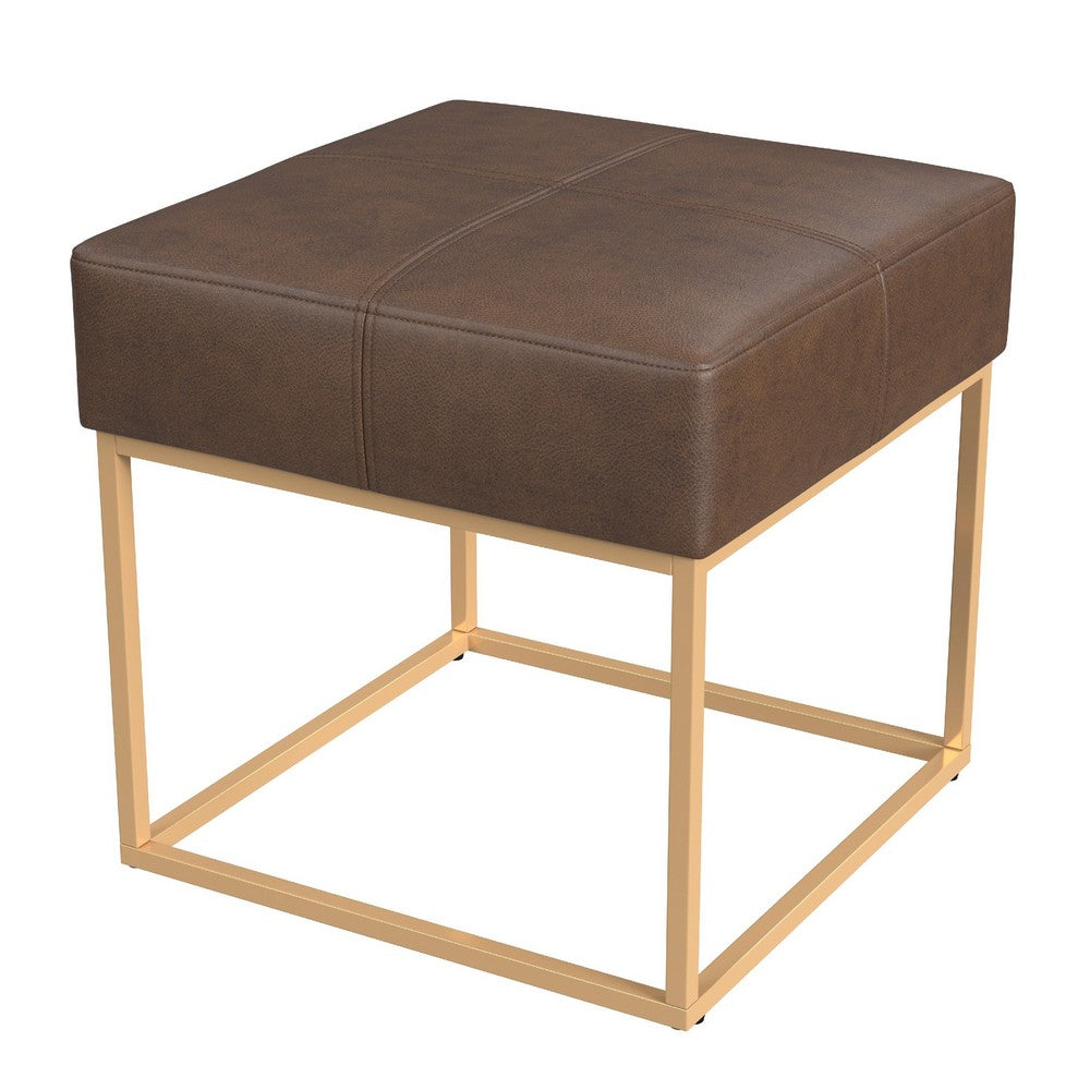 Kai Ottoman Footstool, Brown Faux Leather, Gold Metal, 18 Inch Square -BM334171