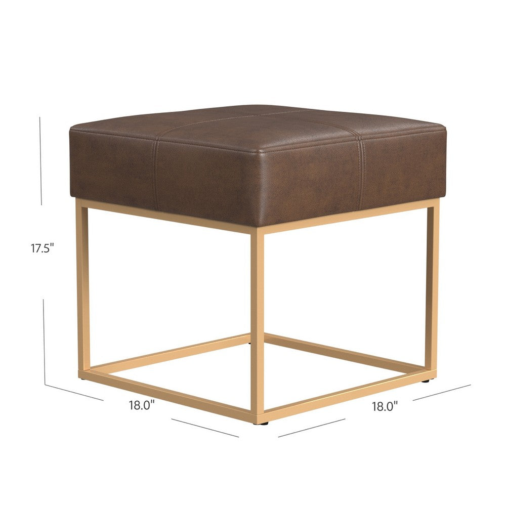 Kai Ottoman Footstool, Brown Faux Leather, Gold Metal, 18 Inch Square -BM334171