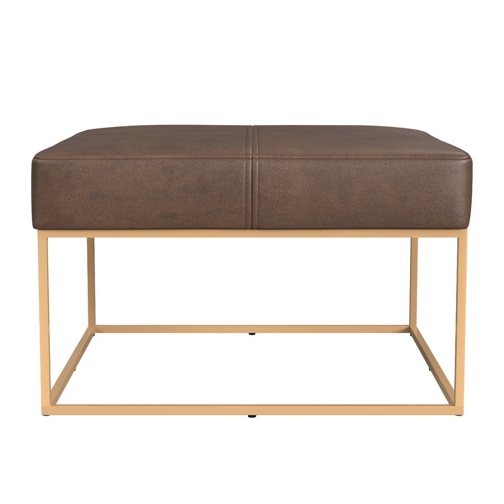 Kai Ottoman, Brown Faux Leather and Gold Metal, 28 Inch Square -BM334173