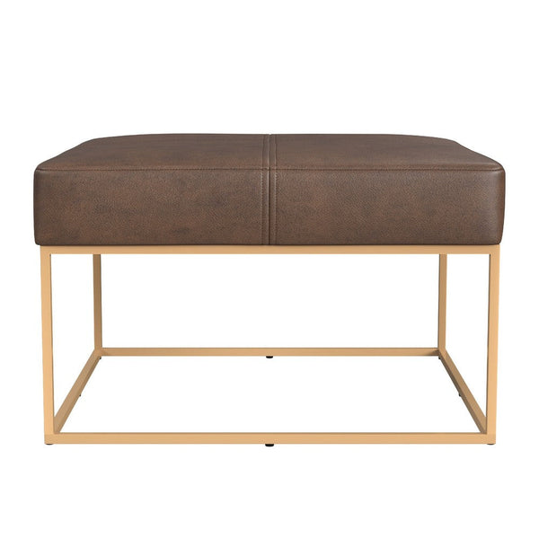 Kai Ottoman, Brown Faux Leather and Gold Metal, 28 Inch Square -BM334173