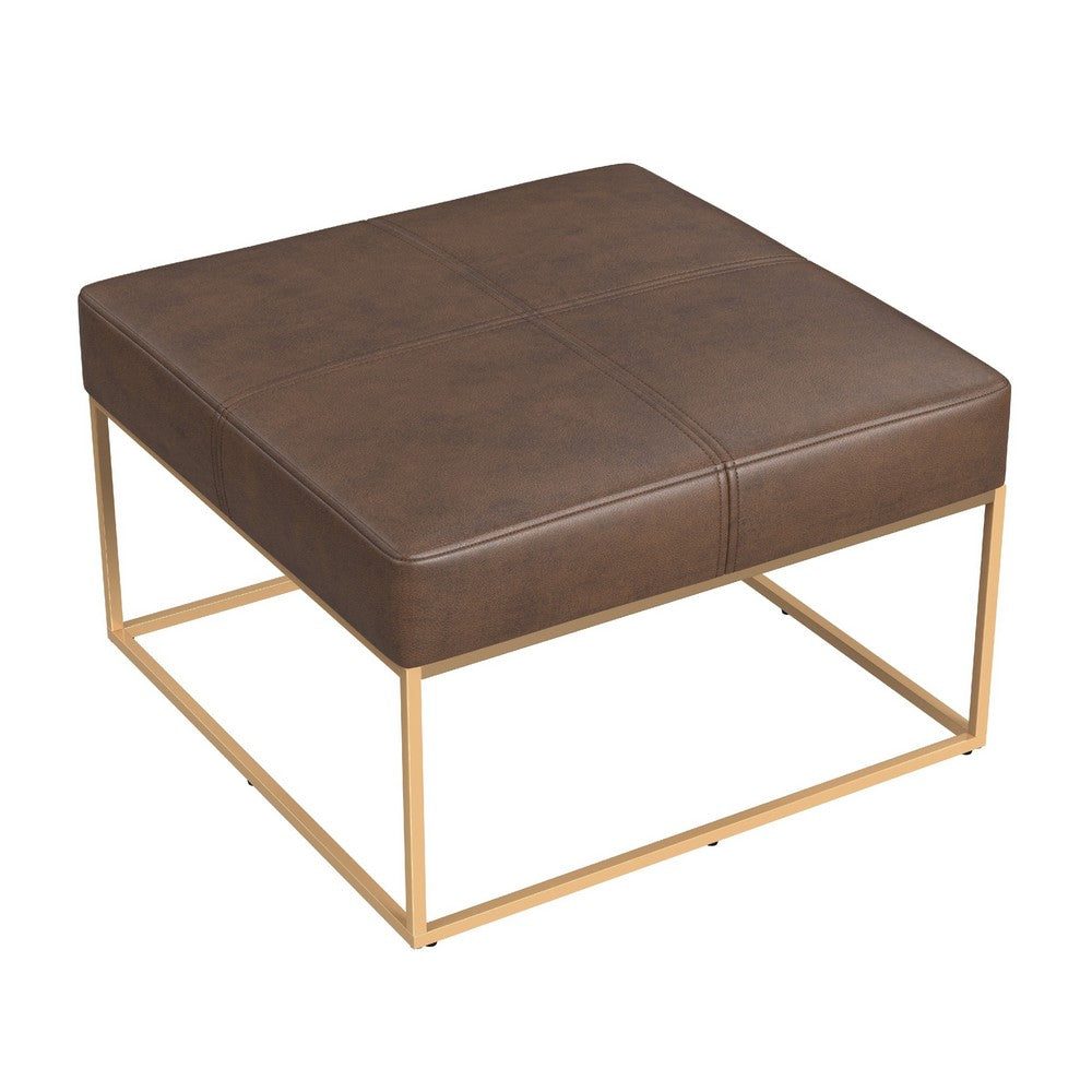 Kai Ottoman, Brown Faux Leather and Gold Metal, 28 Inch Square -BM334173