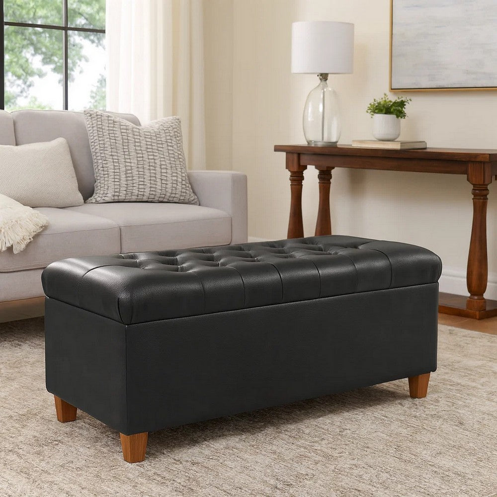 Bea Storage Ottoman Bench with Tufted Black Faux Leather, 40 Inch -BM334182