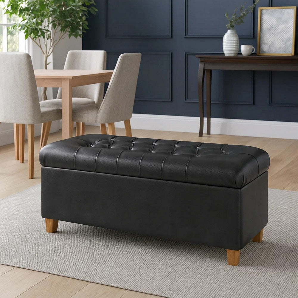 Bea Storage Ottoman Bench with Tufted Black Faux Leather, 40 Inch -BM334182