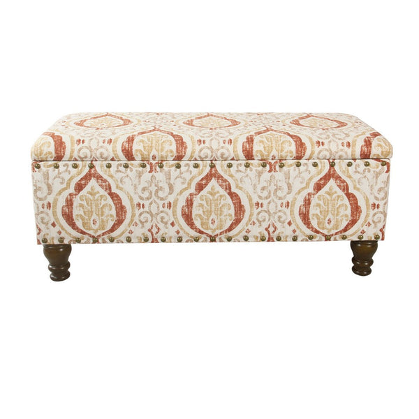 Ava Storage Accent Bench, 42 Inch Orange and Cream Medallion Design -BM334183