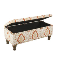 Ava Storage Accent Bench, 42 Inch Orange and Cream Medallion Design -BM334183