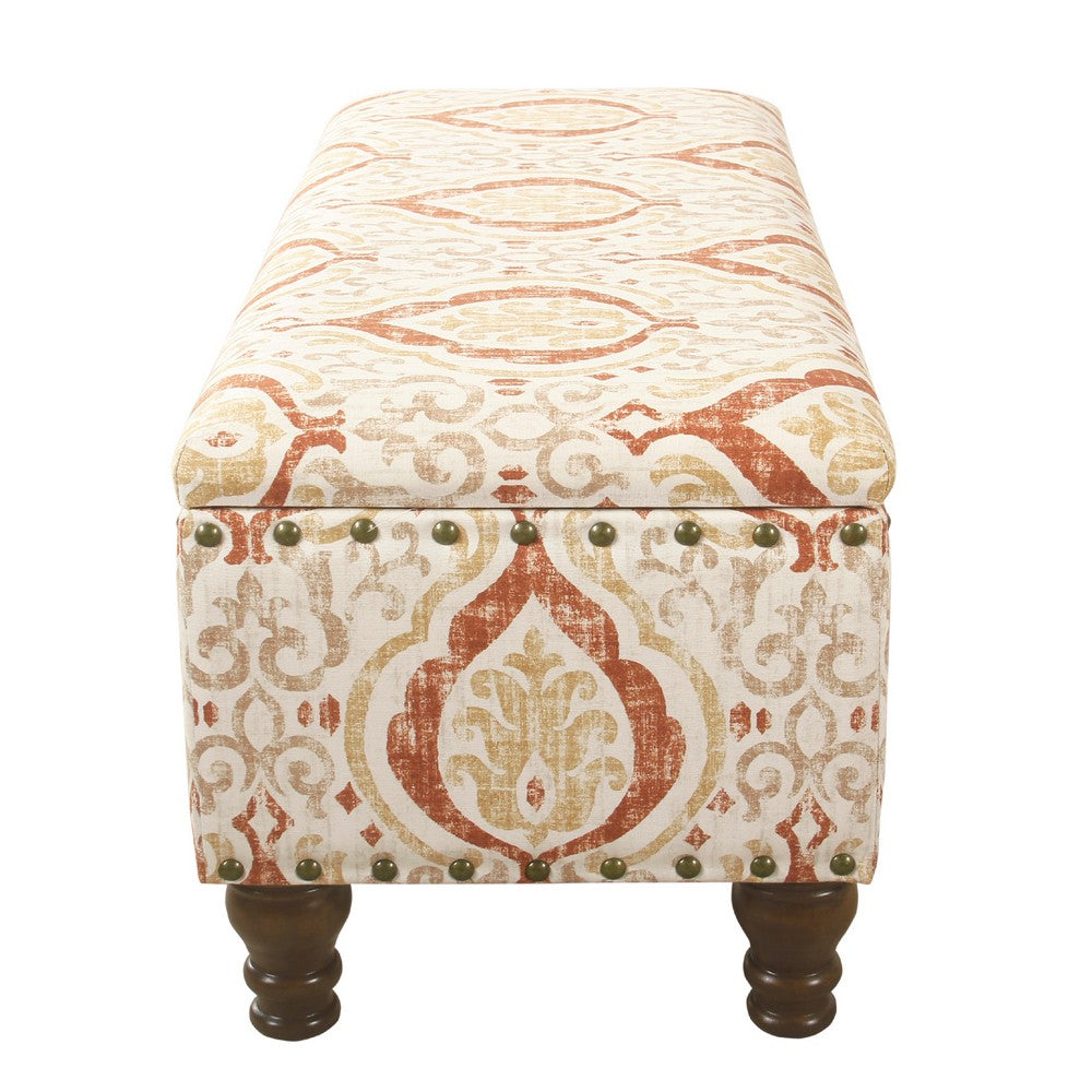 Ava Storage Accent Bench, 42 Inch Orange and Cream Medallion Design -BM334183