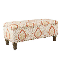 Ava Storage Accent Bench, 42 Inch Orange and Cream Medallion Design -BM334183