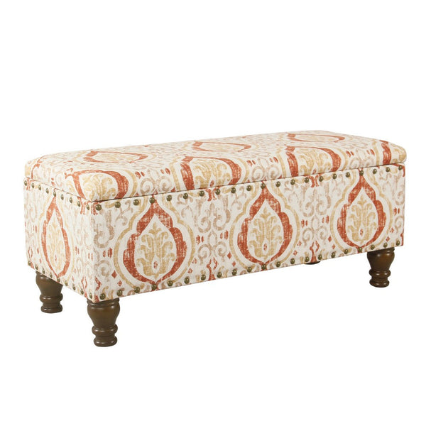 Ava Storage Accent Bench, 42 Inch Orange and Cream Medallion Design -BM334183