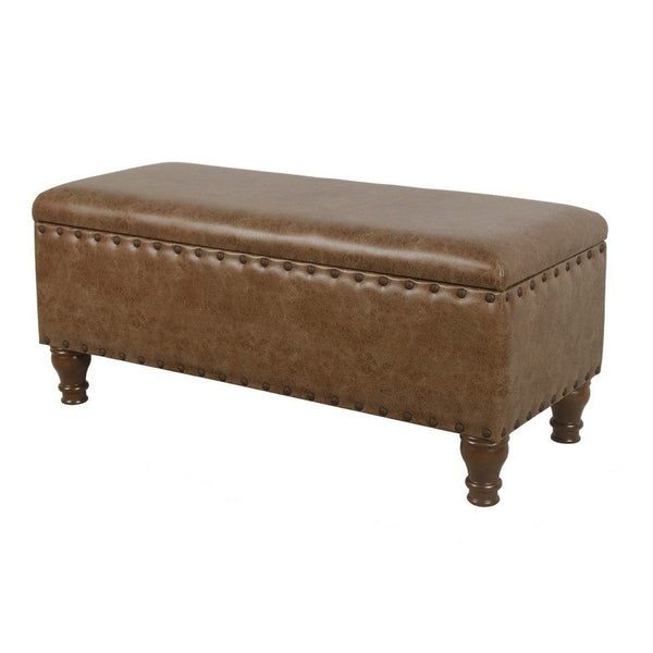 Ava Accent Storage Bench, Distressed Brown Faux Leather, 42 Inch -BM334187