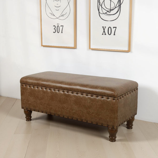 Ava Accent Storage Bench, Distressed Brown Faux Leather, 42 Inch -BM334187