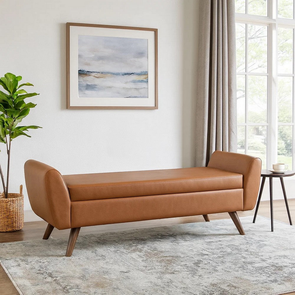 Rae Storage Bench Ottoman with Arms, Brown Faux Leather, Wood, 60 Inch -BM334196