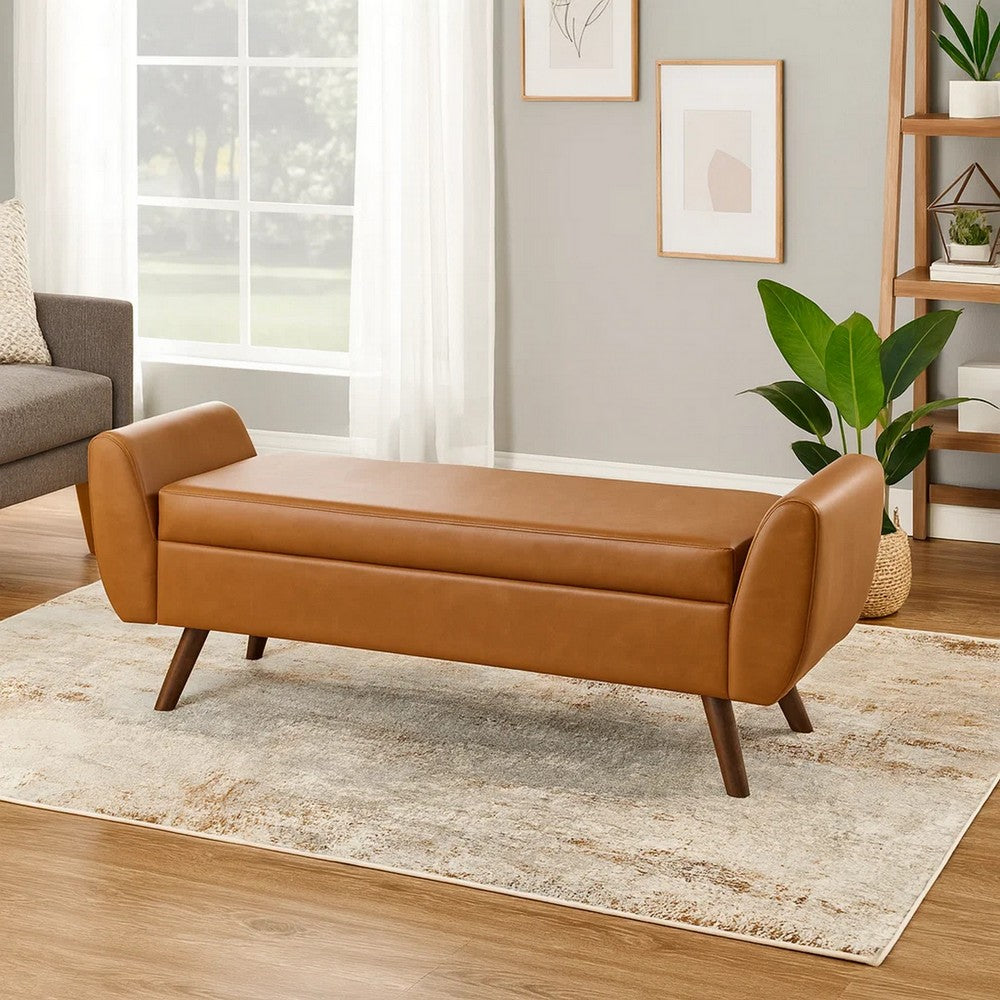 Rae Storage Bench Ottoman with Arms, Brown Faux Leather, Wood, 60 Inch -BM334196