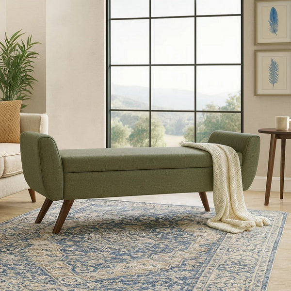 Rae Storage Bench Ottoman with Arms, Olive Green Woven Fabric, 60 Inch -BM334198