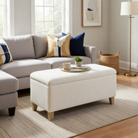 Liv Storage Bench Ottoman, Cream Sherpa, Natural Brown Wood, 42 Inch -BM334201