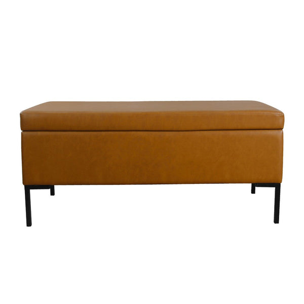 Ray Storage Bench Ottoman, Caramel Brown Faux Leather, Black, 42 Inch -BM334202
