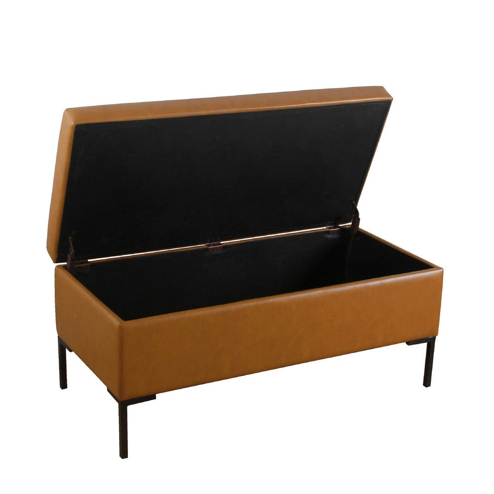 Ray Storage Bench Ottoman, Caramel Brown Faux Leather, Black, 42 Inch -BM334202