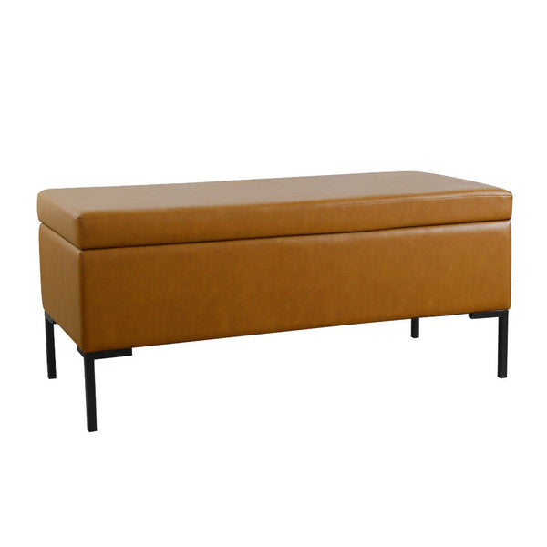Ray Storage Bench Ottoman, Caramel Brown Faux Leather, Black, 42 Inch -BM334202