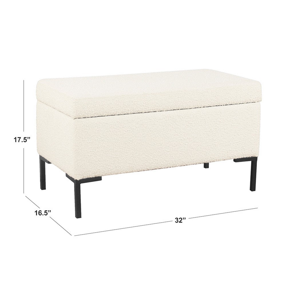 Ray Storage Bench Ottoman, Cream White Boucle, Metal Legs, 32 Inch -BM334206